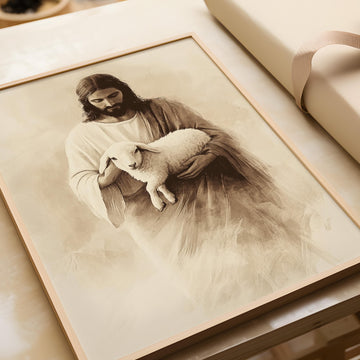 Framed Jesus and Lamb Print, He is Risen Biblical Art, Christian Artwork, Modern Christian decor, Beige Spiritual Christian Art Work