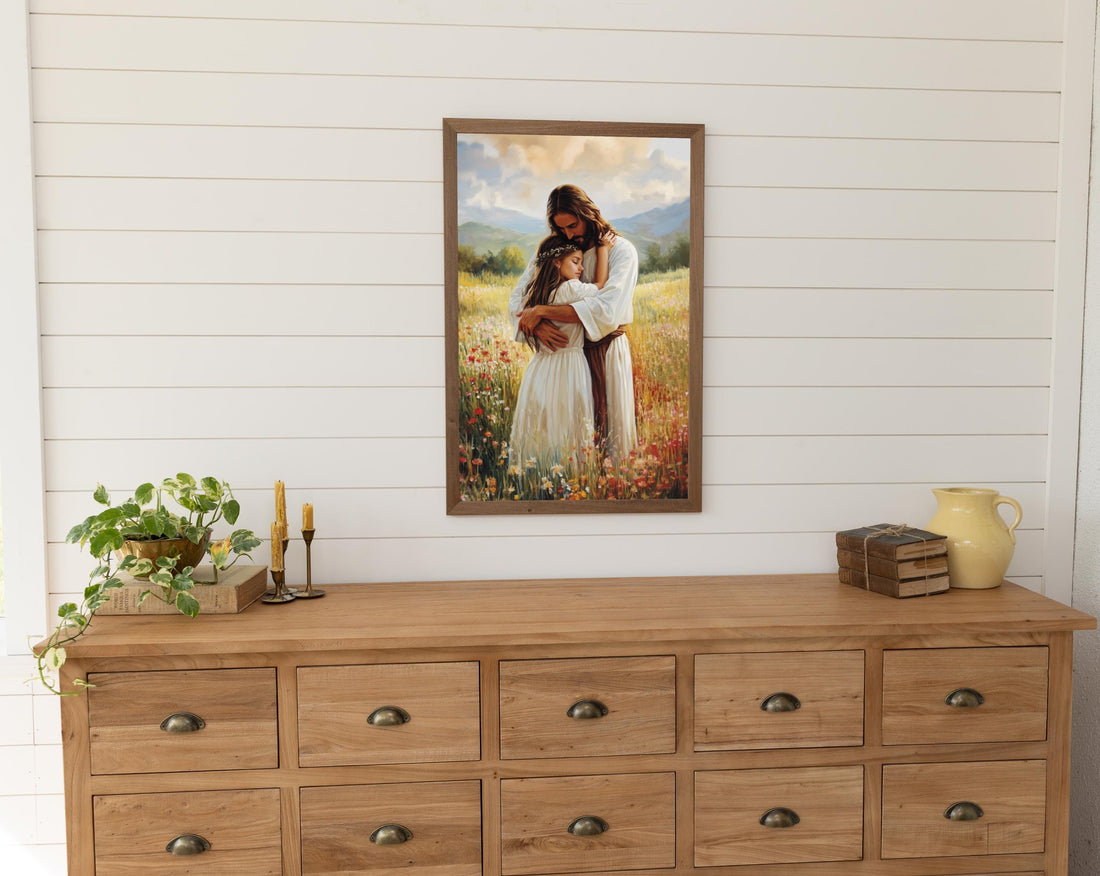 Framed Healing Embrace Print, Jesus Holding Girl, Healing Biblical Art, Spiritual Christian Artwork, Modern Christian decor