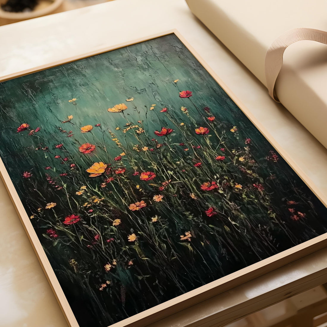 Vintage Wildflower Field Framed Wall Art, Vintage Botanical Sign, Moody Floral Decor, Modern Farmhouse Canvas Art, Field Of Flowers Print