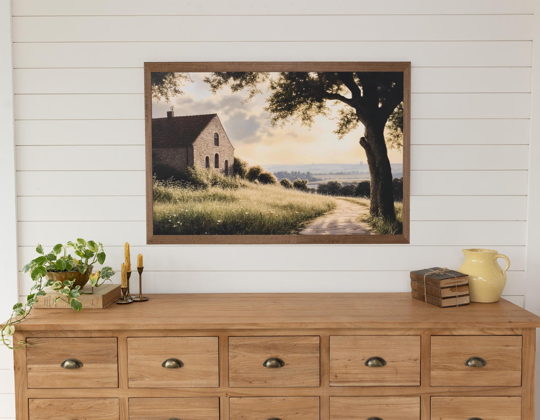 Vintage Farmhouse Art Wall Display Country Style Home Accent Rustic Landscape Scene Stone House Rolling Hills Misty Countryside View Traditional Rural Setting Premium Quality Print Glossy Finish Kitchen Living Room Cottage Style Decorative