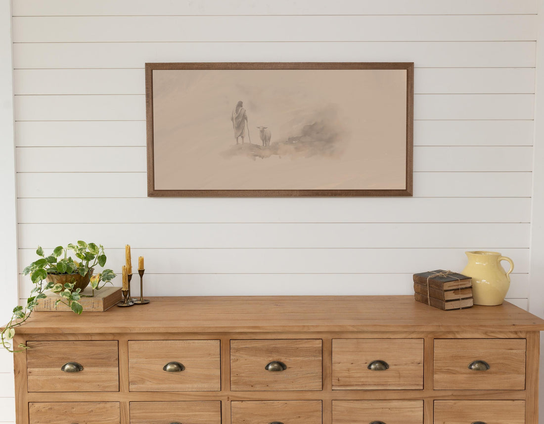 Framed Jesus Leaves the 99 Print, Neutral Beige Biblical Art, Christian Wall Artwork, Modern Christian decor, Spiritual Christian Art Work
