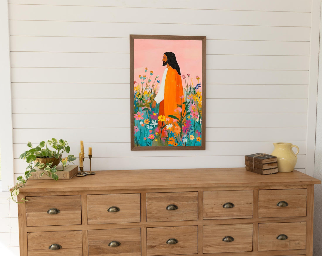 Jesus & The Wildflowers Modern Christian Art, Framed Bible Verse Wall Art, Watercolor Painting, Framed Colorful Prints