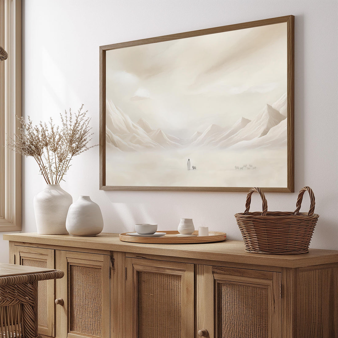 Jesus Leaves the 99 Art Framed Print Minimalist Neutral Painting ( Beige)