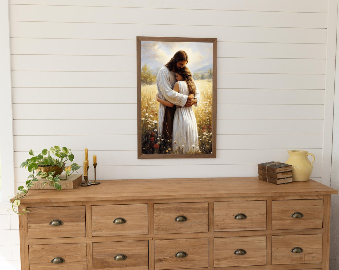 Framed Healing Embrace Print, Jesus Holding Women, Healing Biblical Art, Spiritual Christian Artwork, Modern Christian decor