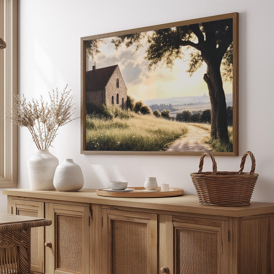 Vintage Farmhouse Art Wall Display Country Style Home Accent Rustic Landscape Scene Stone House Rolling Hills Misty Countryside View Traditional Rural Setting Premium Quality Print Glossy Finish Kitchen Living Room Cottage Style Decorative
