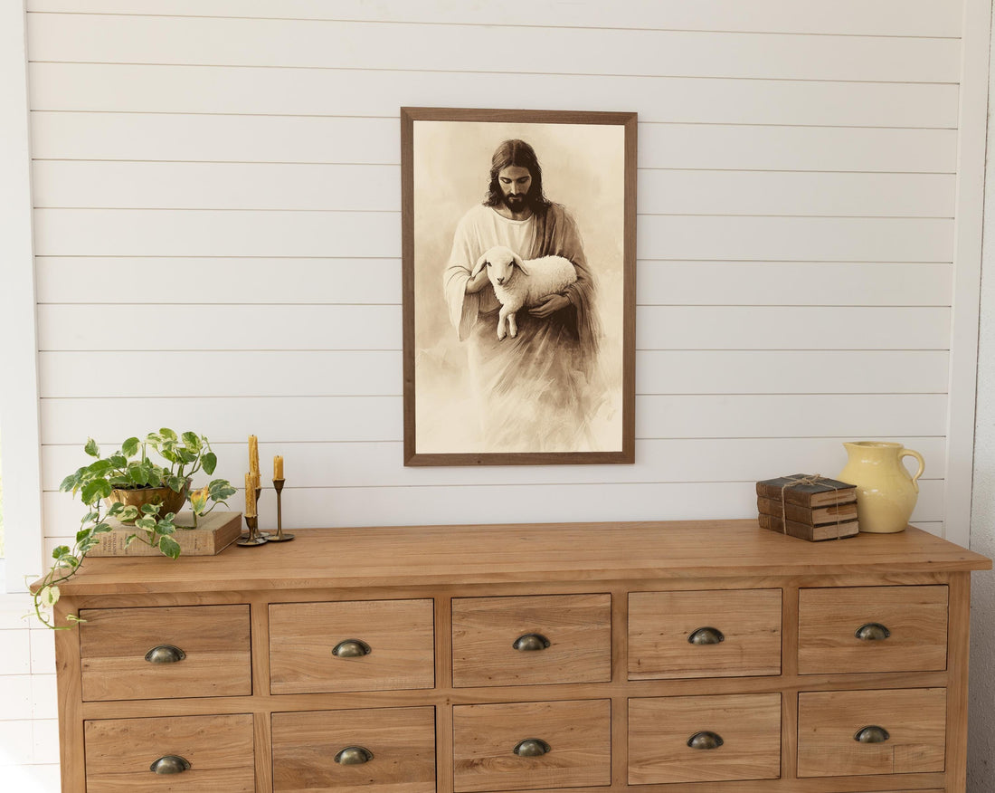 Framed Jesus and Lamb Print, He is Risen  Biblical Art, Christian Artwork, Modern Christian decor, Beige Spiritual Christian Art Work