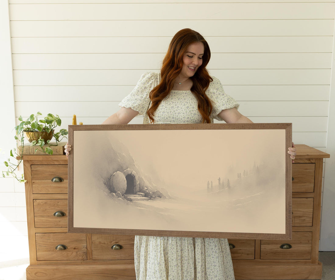 modern Christian art wall decor. Simple Beige image of empty tomb. Jesus tomb Easter story art
