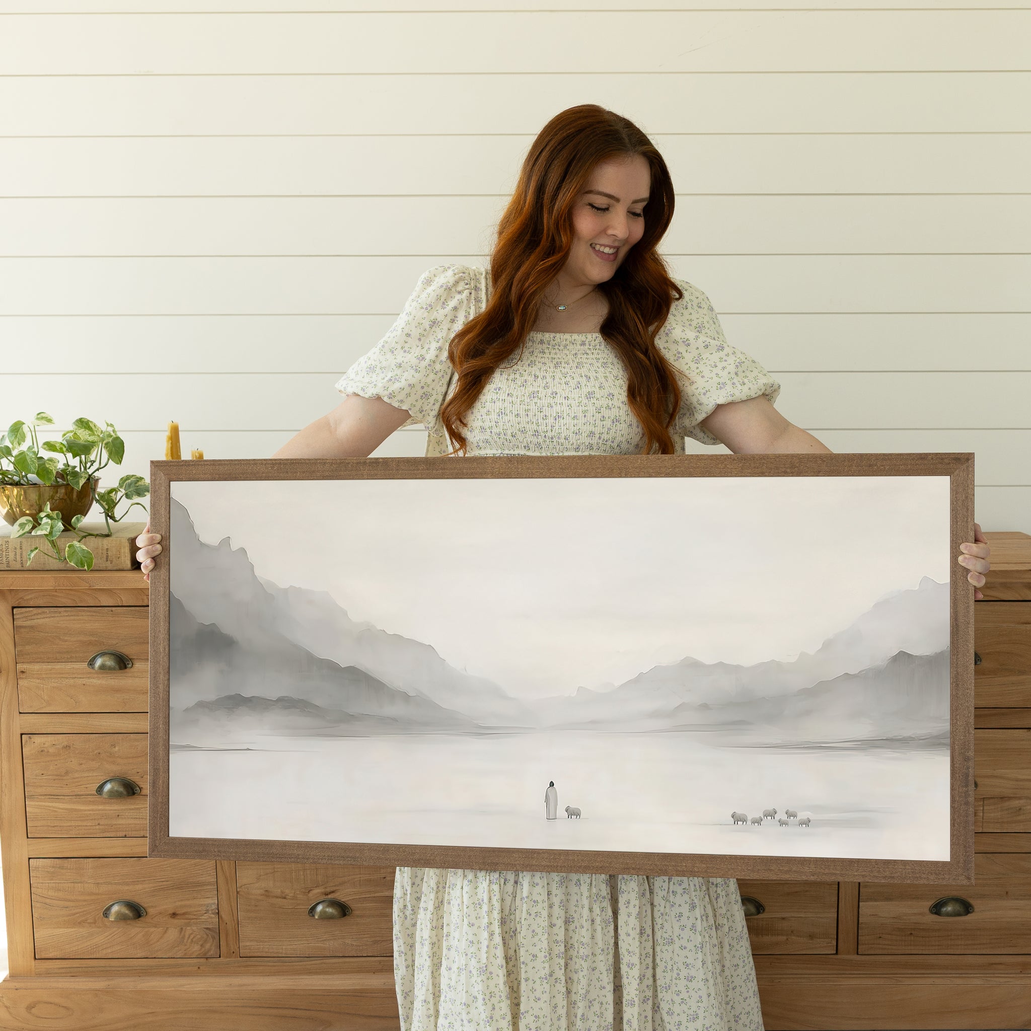 Jesus Leaves the 99 Art Framed Print Minimalist Neutral Painting ( Grey)