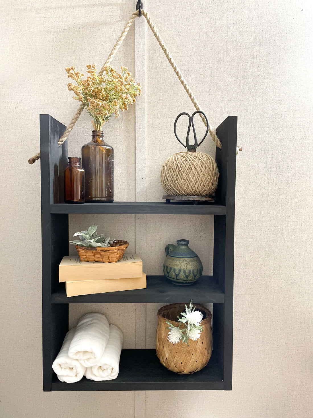Rustic Wooden Bathroom Shelves: Farmhouse Rope Shelf, Hanging 3-Tier Organizer for Over Toilet Storage