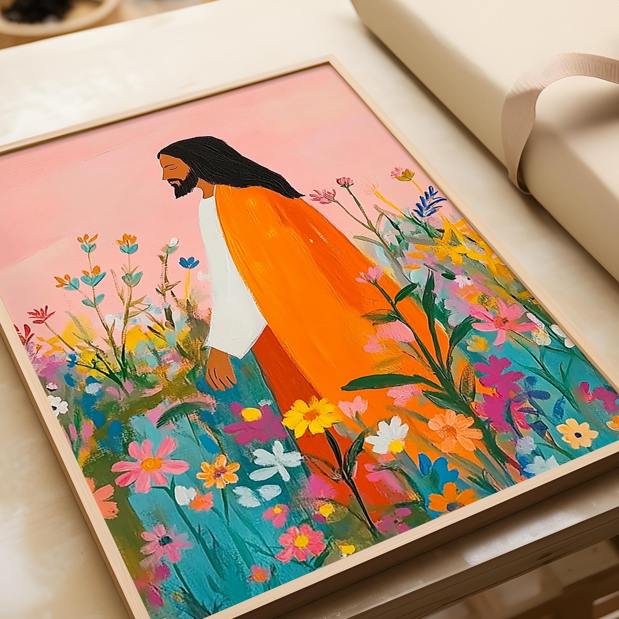 Jesus & The Wildflowers Modern Christian Art, Framed Bible Verse Wall Art, Watercolor Painting, Framed Colorful Prints