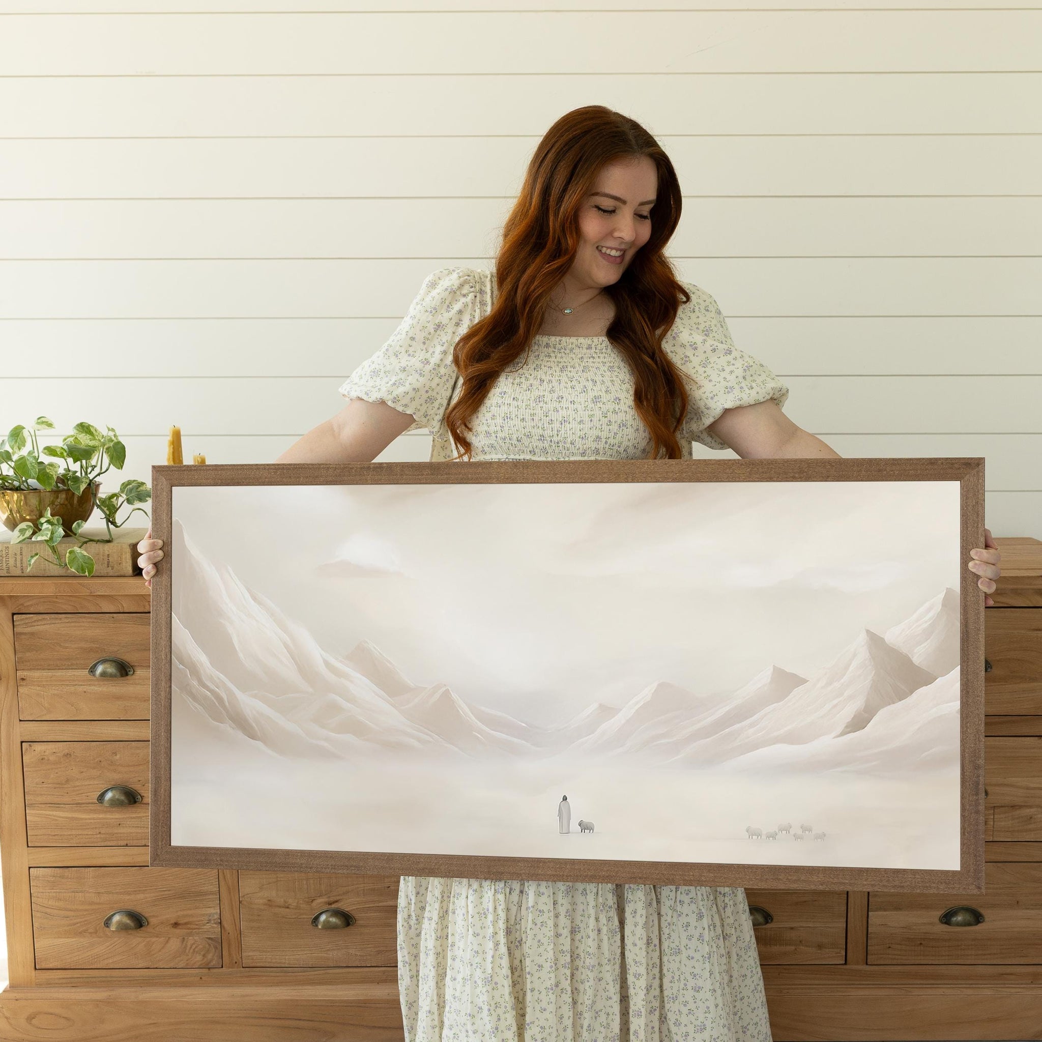 Jesus Leaves the 99 Art Framed Print Minimalist Neutral Painting ( Beige)